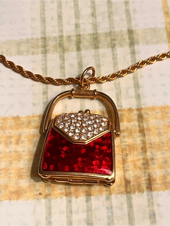 Swarovski Jewelry - Swarovski Purse Locket Pendant Necklace Crystal Red Enamel Vintage Swan Opens